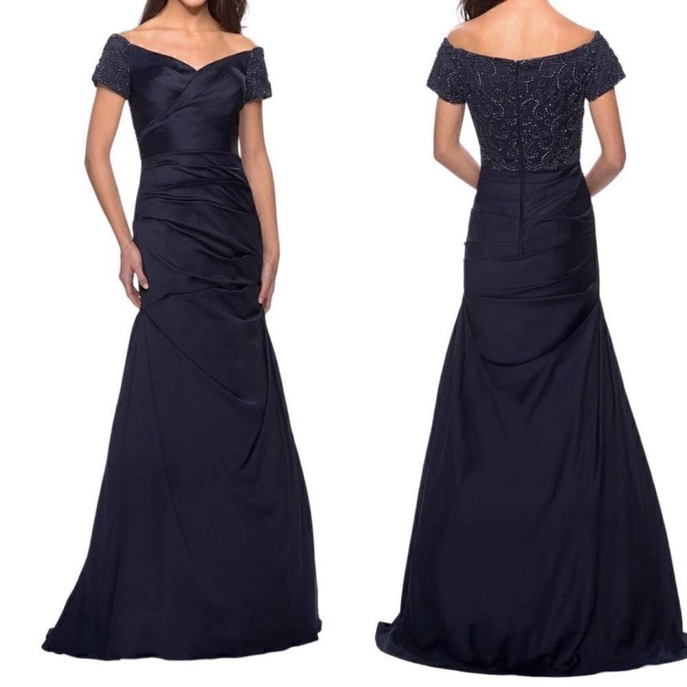 La Femme 25996 Navy Off the Shoulder Beaded Satin Trumpet Formal NWT Sz10 $599